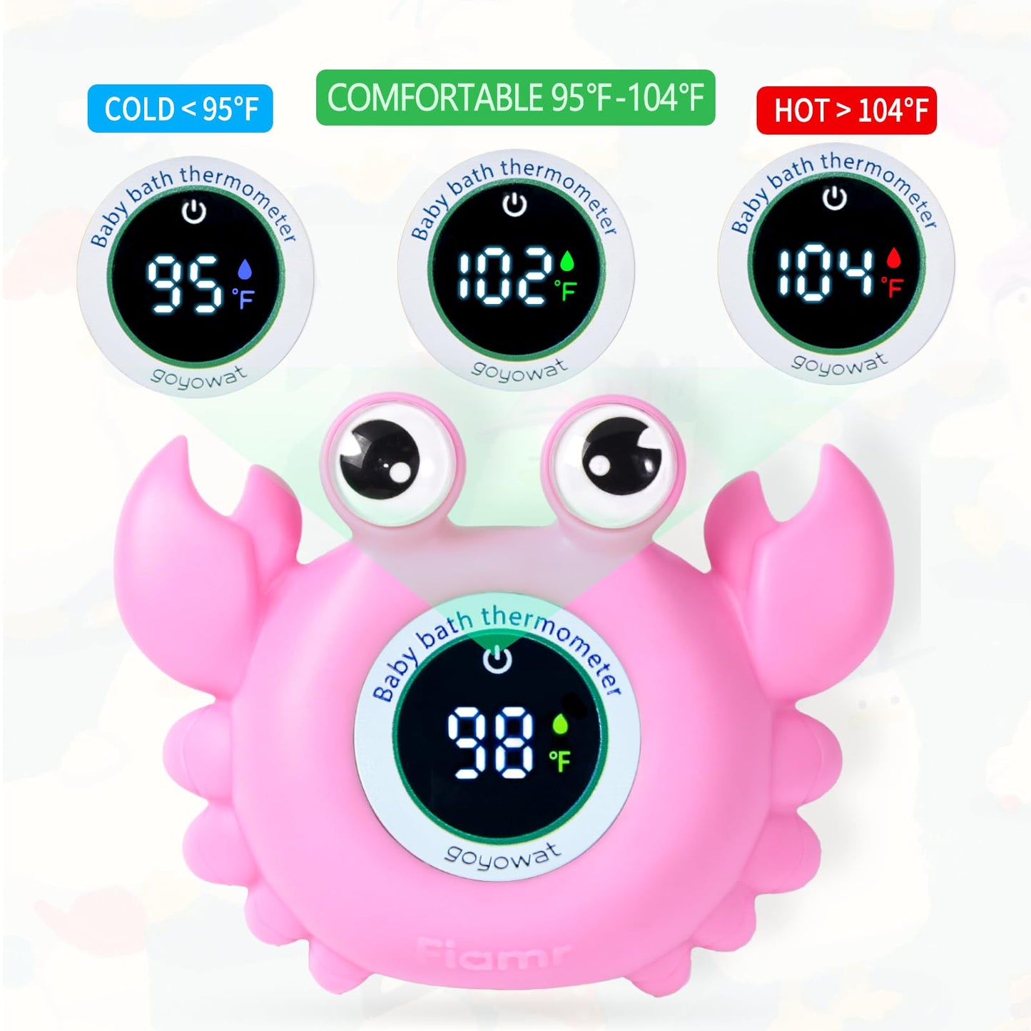 Baby Bathtub Thermometer with LED Display Screen+Pink Crab toy-2-in-1
