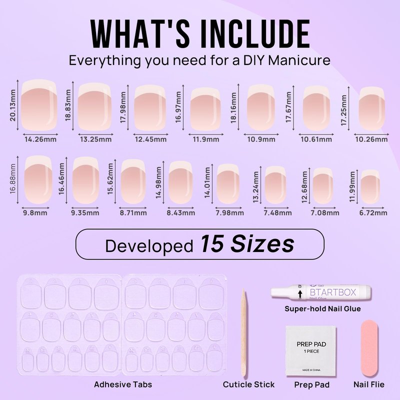 BTArtbox Press on Nails Square - French Tip Press On Nails Short, Seamless Fit Glue on Nails for Nail Art Manicure, 15 Sizes, French Girl