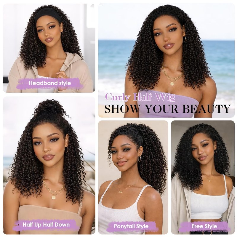 Reehaaboo Kinky Curly Half Wig for Women - 3-in-1 Synthetic Curly Half Wig with Drawstring & Glueless 22 Inch Natural Black Beginner Friendly