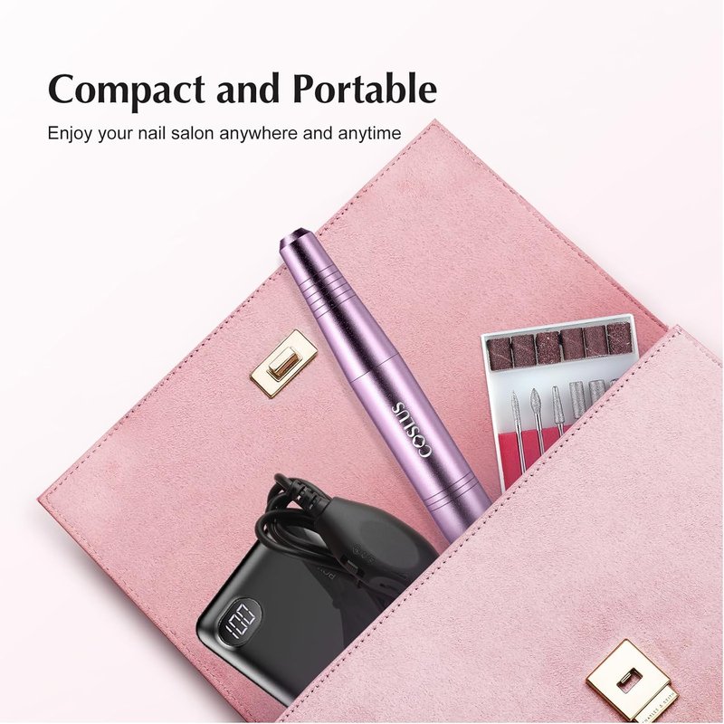 COSLUS Electric Nail Drill File - Professional Acrylic Gel Dip Powder Manicure Kit | Portable Polishing Tools with Drill Bits & Sanding Bands
