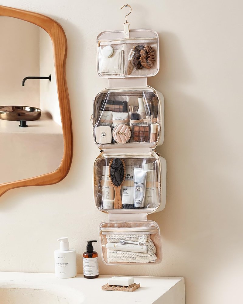 EACHY Toiletry Bag - Waterproof Makeup Organizer with Hanging Hook | Full-Size PU Leather in Beige