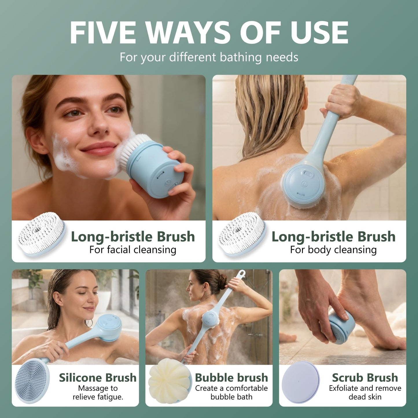 Electric Body Brush Back Scrubber for Shower, Waterproof Long Dual Handle Power Body Scrubber with 4 Heads, Bath Brush & 2 Speeds, for Deep Cleansing, Exfoliating and Massaging Skin (Blue)