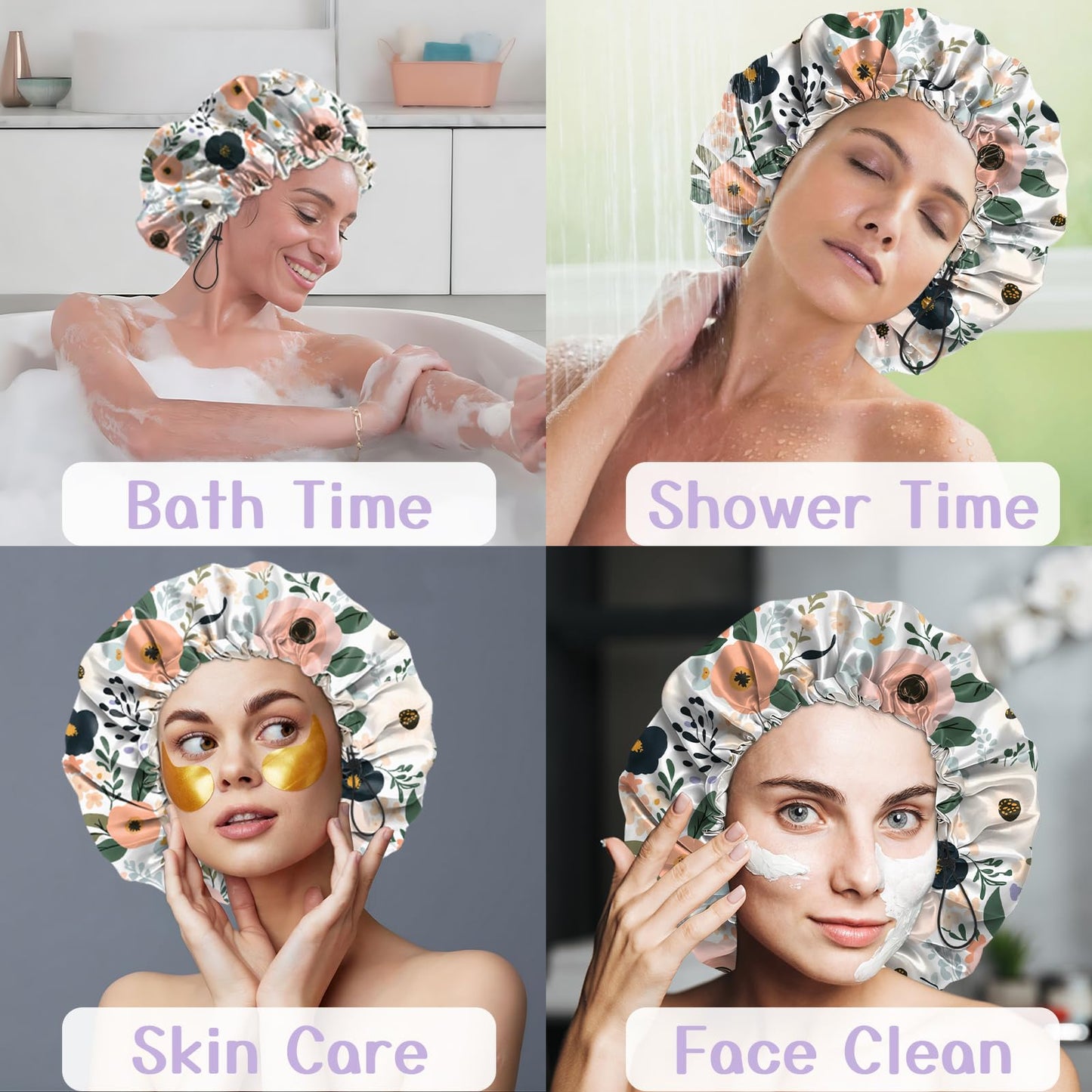 Deokke Luxury Shower Cap Silk Satin Lined Waterproof Reusable Adjustable Elastic Dry Hair Bathing Caps Cute for Women Girls-Flower