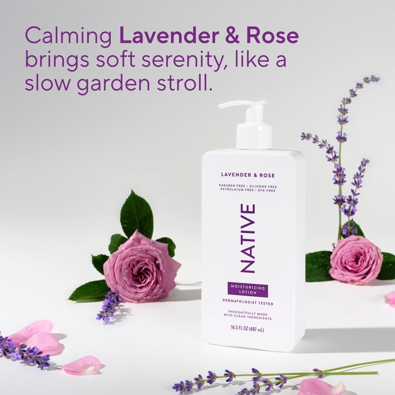 Native Body Lotion, Lavender & Rose, 48-Hour Hydration for Dry & Sensitive Skin, Made with Plant-Based Moisturizers like Shea Butter, Silicone & Paraben Free, 16.5 fl oz