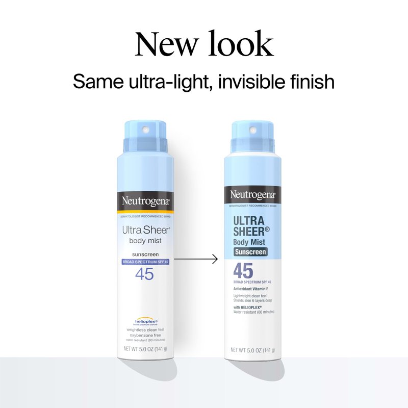 Neutrogena Ultra Sheer Sunscreen Spray SPF 45 Body Mist, Lightweight Non-Greasy Broad Spectrum UVA/UVB Protection, Oil-Free & Non-Comedogenic Water Resistant Spray Sunscreen (80 min), Pack of 3, 5 oz