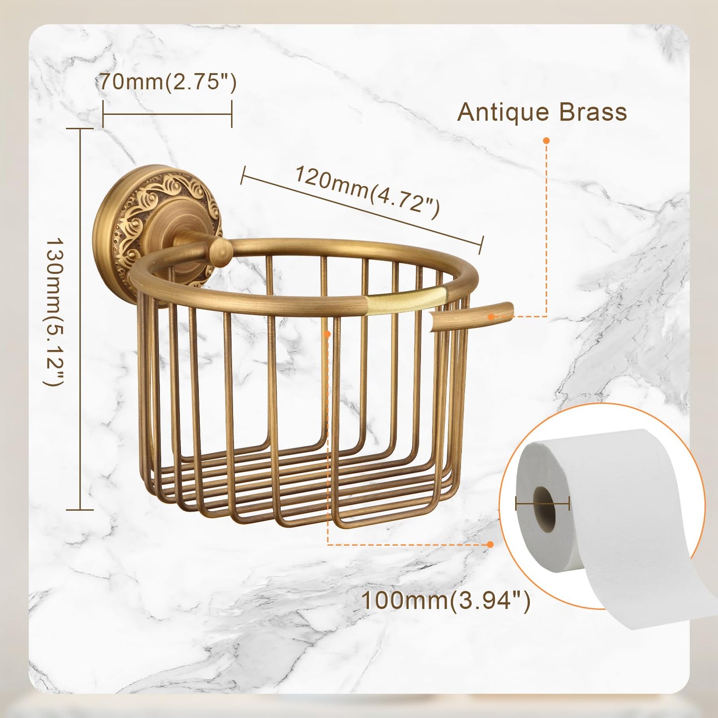 Vintage Wall-Mounted Toilet Paper Holder with Wire Basket Design, Antique Brass, Wall-Mounted Bath Hand Towel Holder with Braiding Carvings, Vintage Style.