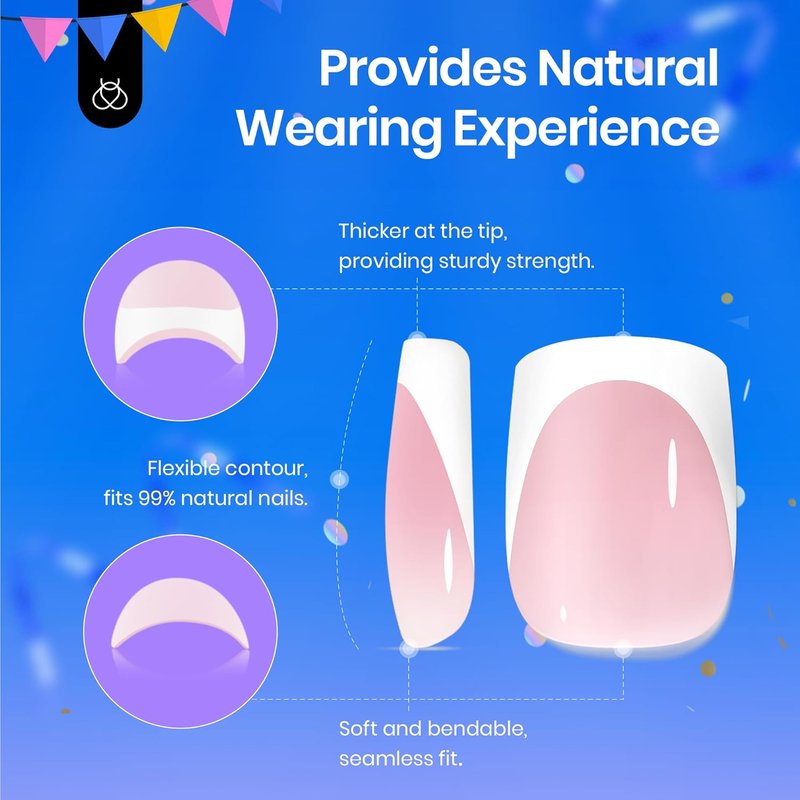 Beetles Short Squoval French Tip Press-On Nails - 64 Pcs Pink Gel Nail Art | 16 Sizes for DIY Manicure Gifts