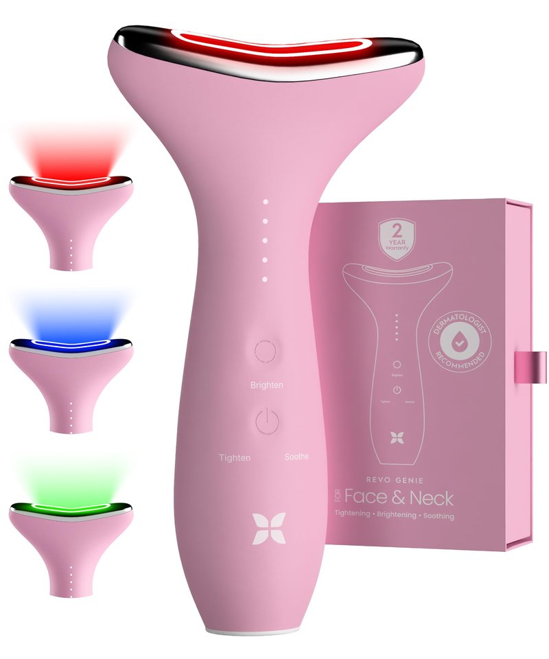 REVO Genie Facial Massager for Face and Neck, LED Beauty Device with Heat and Vibration, Depuffing Sculpting Tool with Red Blue Green Light Modes for Skincare Routine