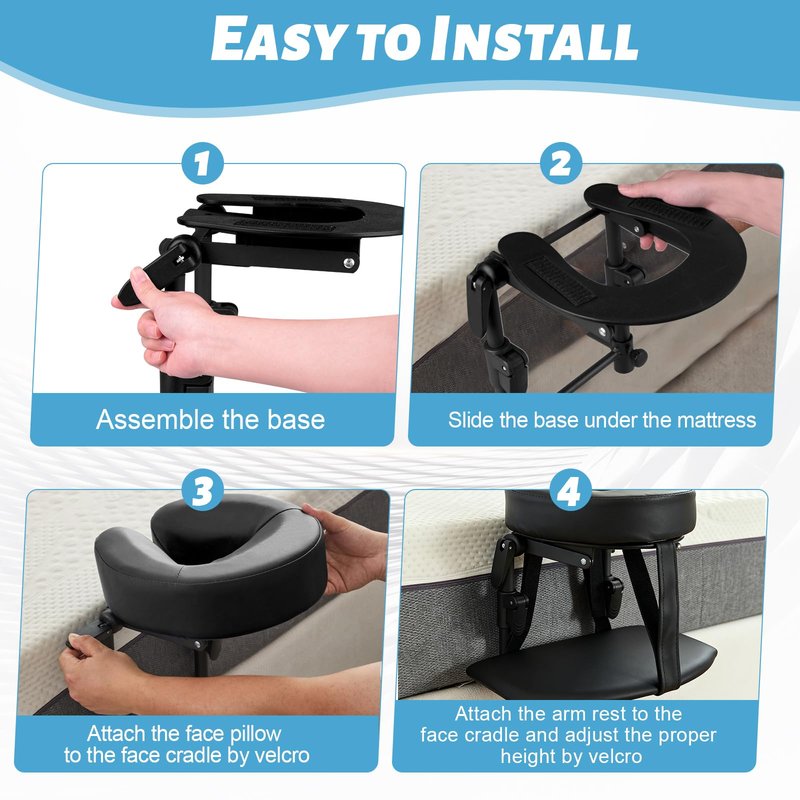 HoMove Massage Headrest for Bed, Adjustable Massage Face Cradle at Home, Portable Bed Massage Head Holder, Massage Table Head Rest for Salon Spa, Face Down Pillow After Eye Surgery, Black with Armrest