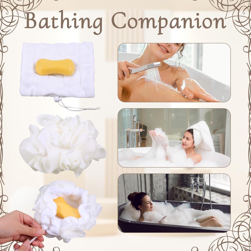 Oqqlin 10 Pack Soap Bar Loofah, 2 in 1 Drawstring Bar Soap Loofah Pouch Exfoliation Mesh Shower Ball for Body Wash and Smooth Skin (Beige, White)