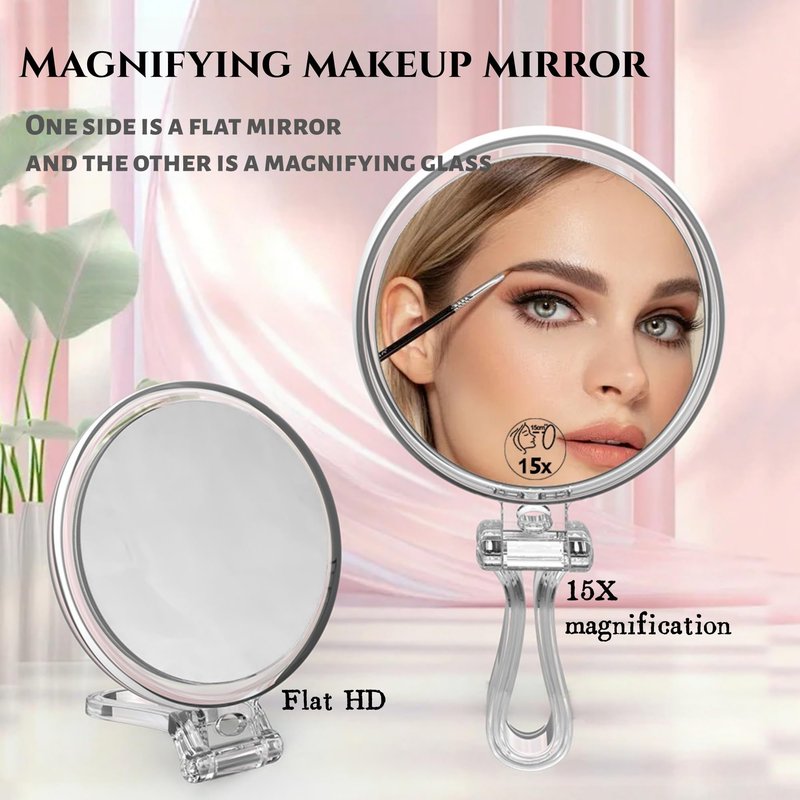Double-Sided Magnifying Handheld Mirror, 1X & 15X Magnification, Folding Travel Makeup Mirror with Adjustable Rotation, Portable Vanity Desk & Hand Mirror