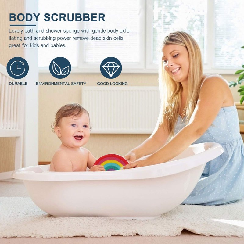 Mobestech Rainbow Shower Sponge for Kids Soft Exfoliating Bath Loofah Body Scrubber Gentle Cleaning with Fun Rainbow Design Lightweight and Compact 9.05X4.72X1.37In