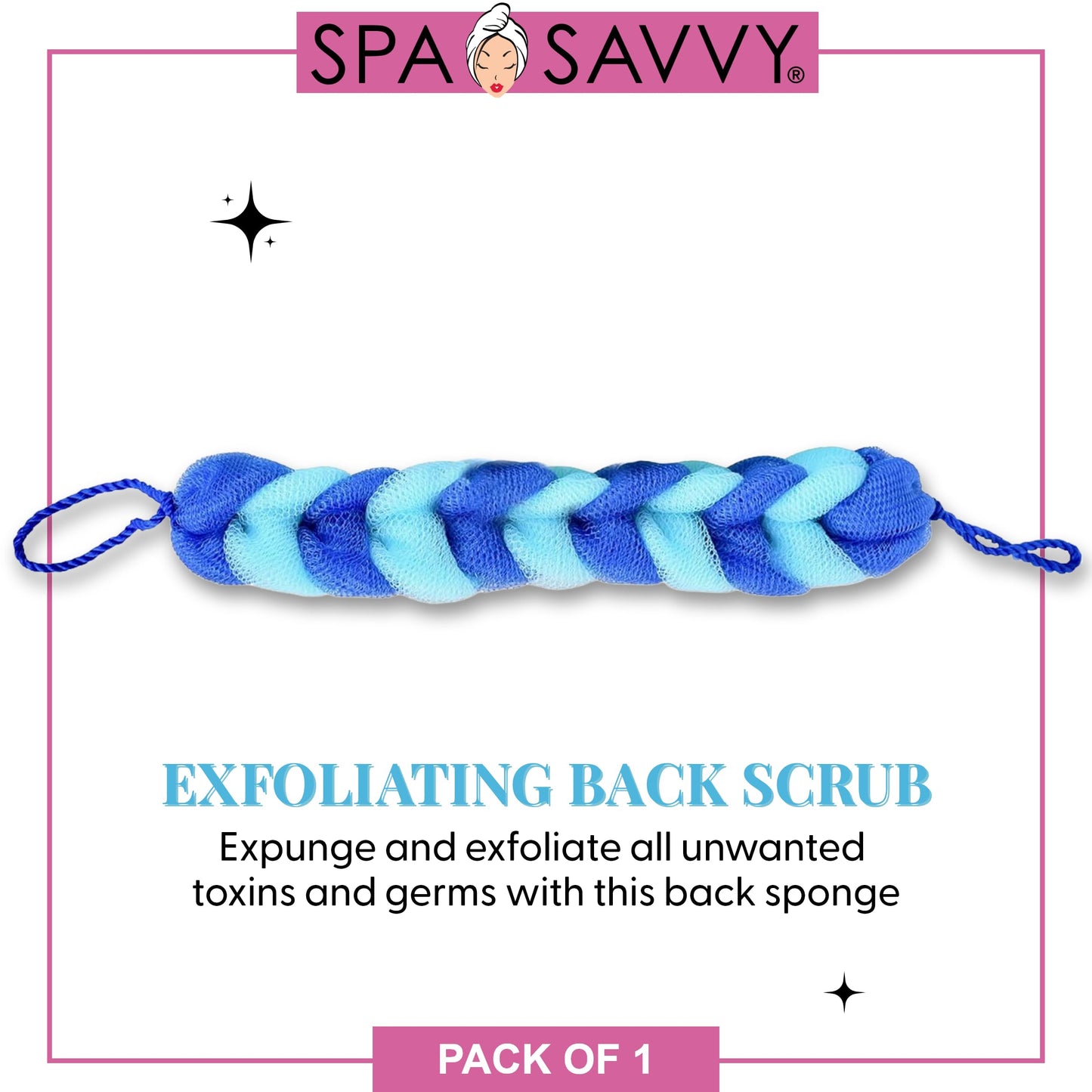 Spa Savvy Bath Loofah Back Scrubber, Long Stretch Mesh Shower Body Sponge with Rope Handles, Exfoliating Braided Pouf for Men and Women, Blue