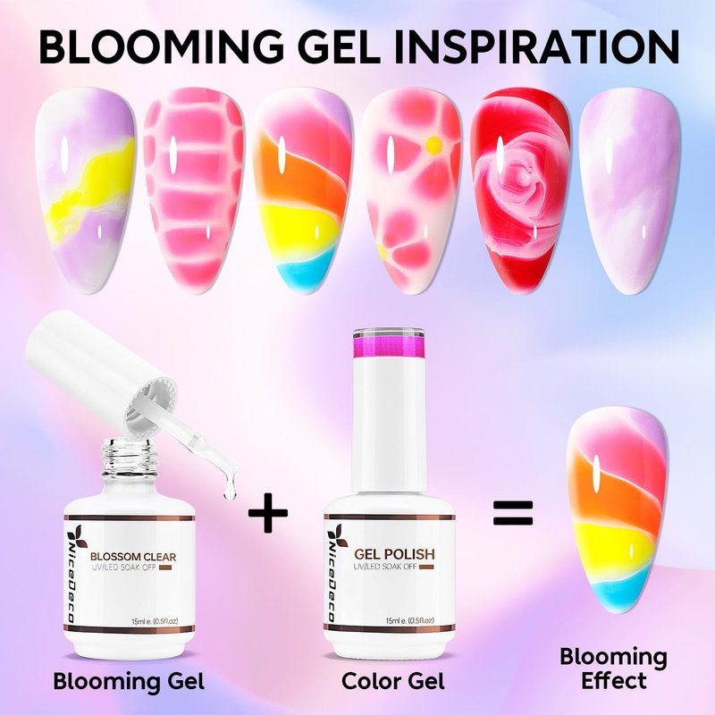 Nicedeco Hema Free Nail Blooming Gel 15ml Cruelty Free Vegan Clear Blossom Gel Polish for Spreading Effect Marble Watercolor Floral Print for DIY Nail Art