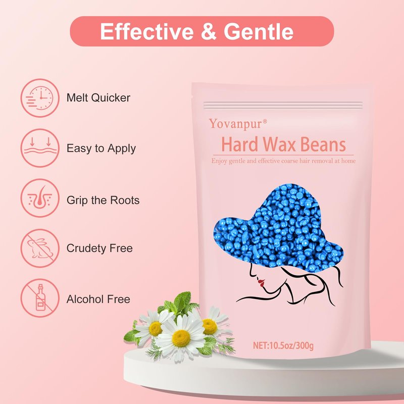 Hard Wax Beads for Hair Removal, Yovanpur Wax Beads for Sensitive Skin, Har Wax Beans for Coarse Hair, Waxing beads for Face, Eyebrow, Body, Bikini, Brazilian At Home 300g (10.5 Oz)/bag (Blue)