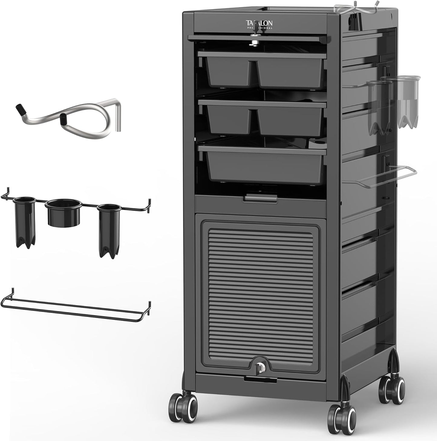 TASALON Lockable Salon Trolley - 6-Drawer Rolling Beauty Cart with Tool Holders | Mobile Hair Stylist Station in Black