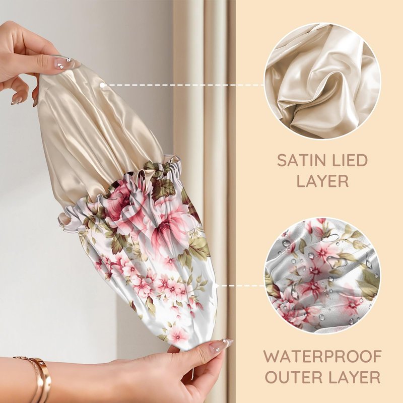 Zewurtuw Luxury Shower Cap Adjustable Reusable Double Waterproof Layer Elastic Satin Lined Hair Bath Cap Cute Aesthetic Women Girls-Peony