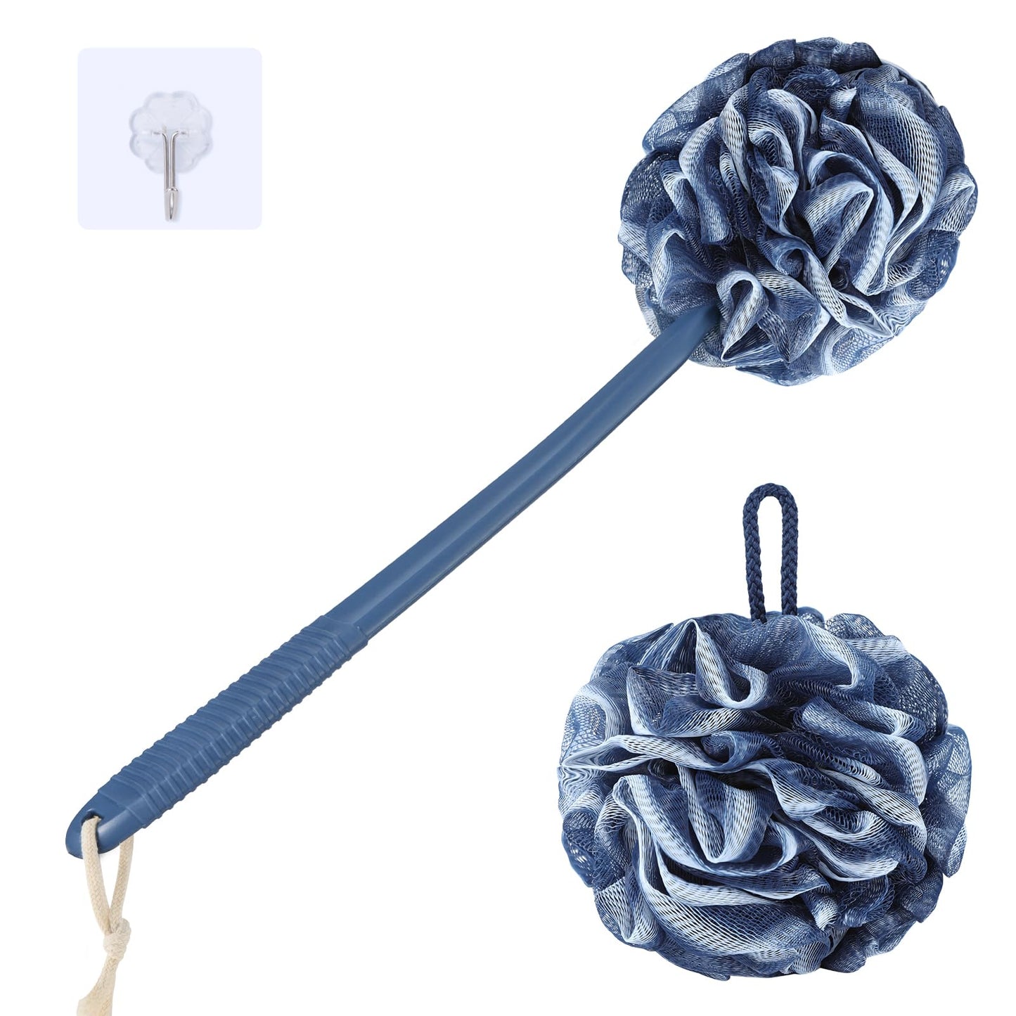 VANZAVANZU Loofah Sponge Set Loofah Exfoliating Body Scrubber, Anti-Slip Plastic 17" Handle Loofah on a Stick with Fluffy Shower Sponge, PE Soft Mesh Shower Loofahs-Blue with White Edge