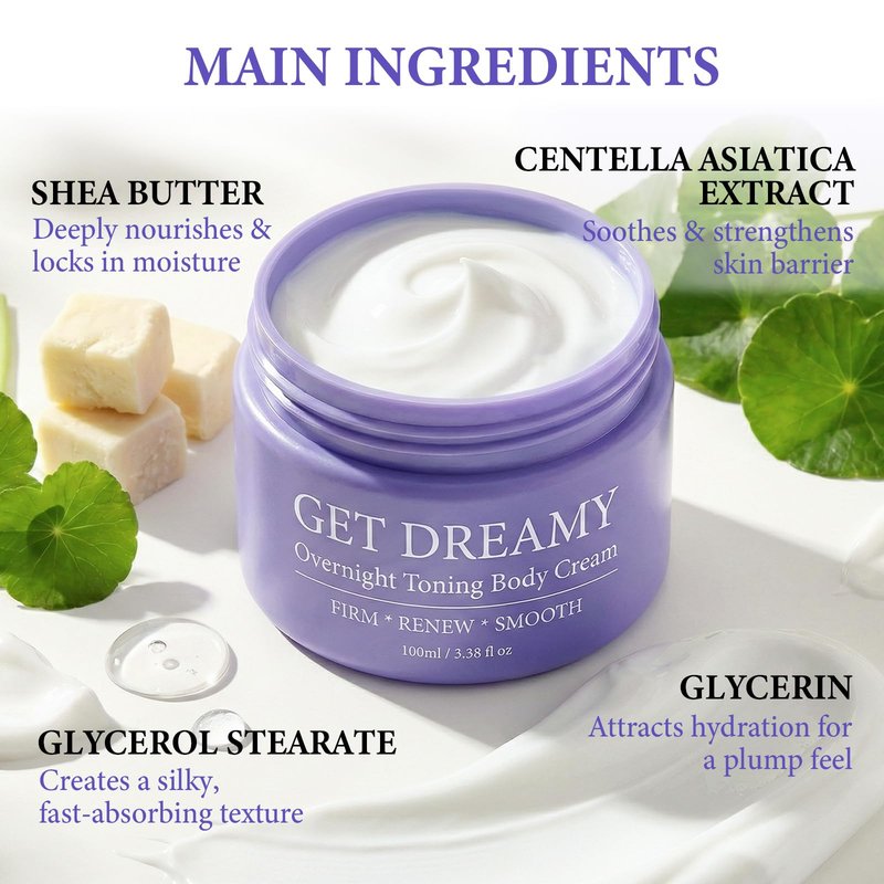 Bellisinno Get Dreamy Overnight Toning Whip, Firming Body Cream to Help Improve the Appearance of Loose Skin and Uneven Texture on Belly, Booty, Arms and Thighs, Hydrating Whipped Formula, 3.38 Fl Oz