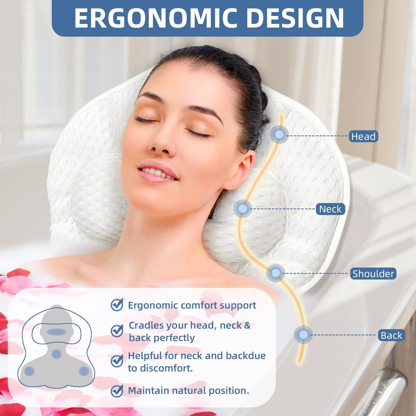 SZXYX Bath Pillows for Tub,Luxury Bathtub Pillows for Head and Neck Support Bathtub Pillow with 6 Strong Suction Cups Relaxing Bath Accessories Spa Gifts