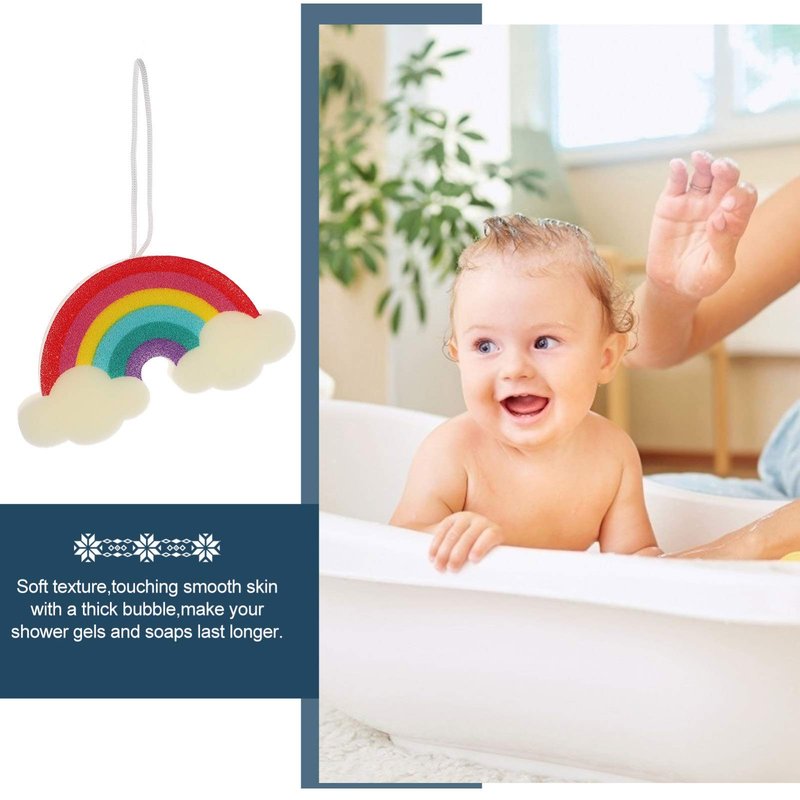 Mobestech Rainbow Shower Sponge for Kids Soft Exfoliating Bath Loofah Body Scrubber Gentle Cleaning with Fun Rainbow Design Lightweight and Compact 9.05X4.72X1.37In