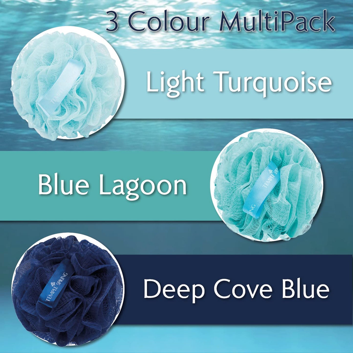 Temple Spring Soft Mesh Shower Loofah Sponge 3-Pack (60g Each) — Gentle Exfoliating Body Scrubber for Rich Lather & Smooth Skin, Bath Sponge for Women & Men, 100% Recycled Materials with Suction Hook