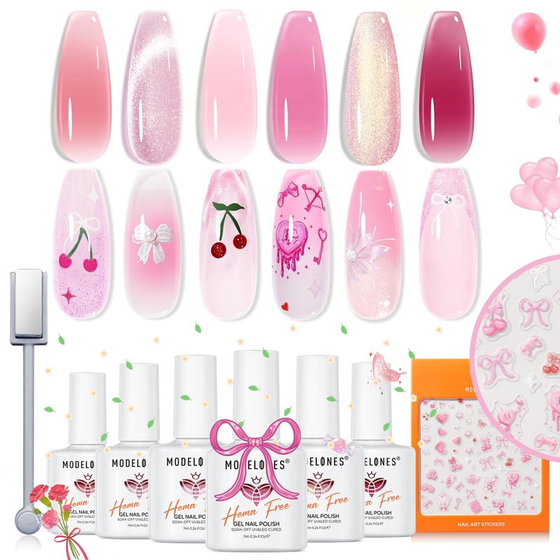 modelones Pink Gel Polish Set, Hema Free Light Pink Cat Eye Gel Polish Jelly Glitter Nude Hot Pink Pastel Nail Polish 6 Colors 2026 Spring Easter LED Nail Art DIY Gift with Magnet&Love-heart Stickers