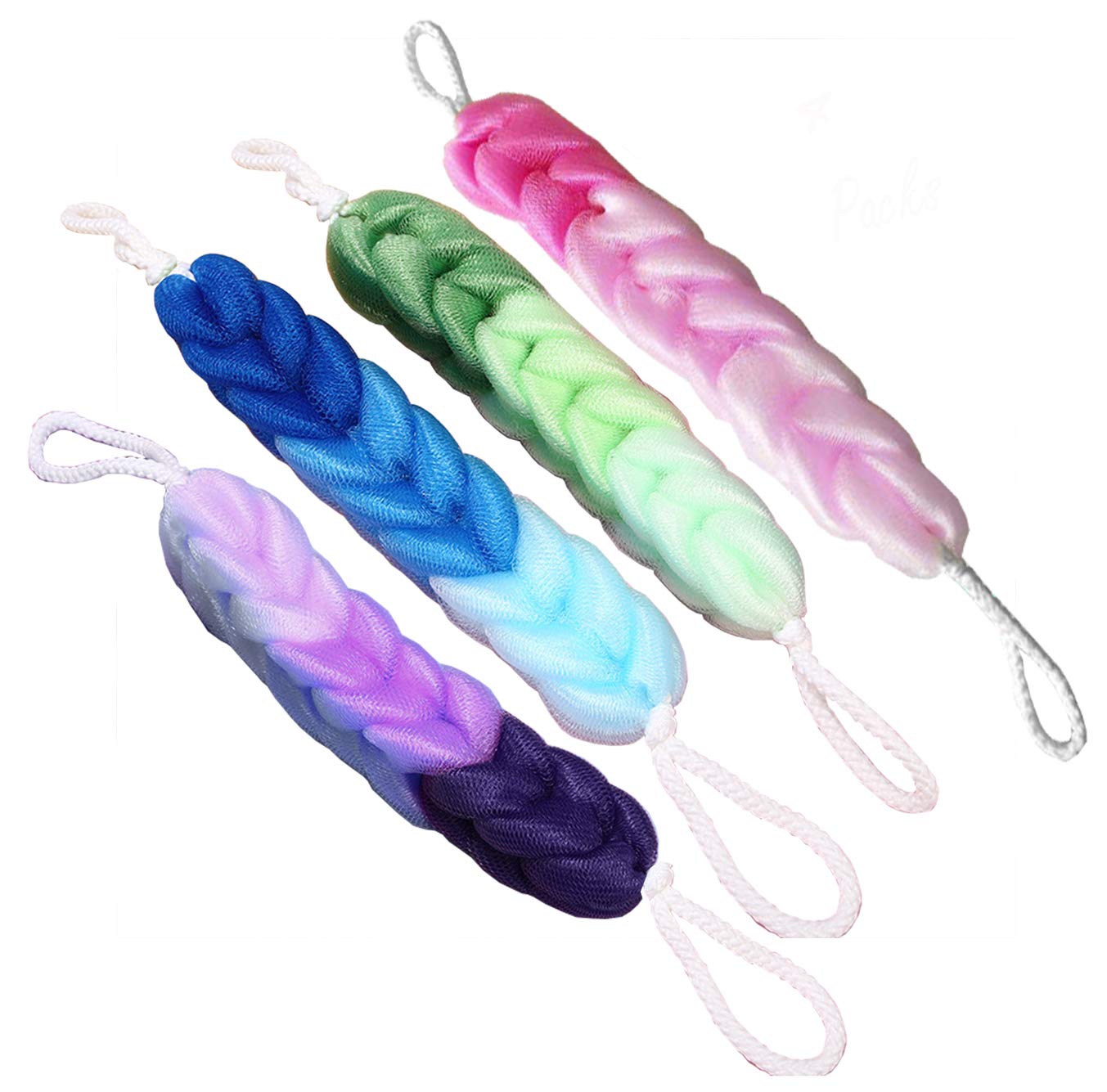 AARainbow 4 Packs Long Stretch Back Sponge with Rope Handles Back Scrubber Body Sponges for Bathing, Bath Shower Mesh Sponge Body Deep Cleaning for Men & Women (H-Gradient Color)
