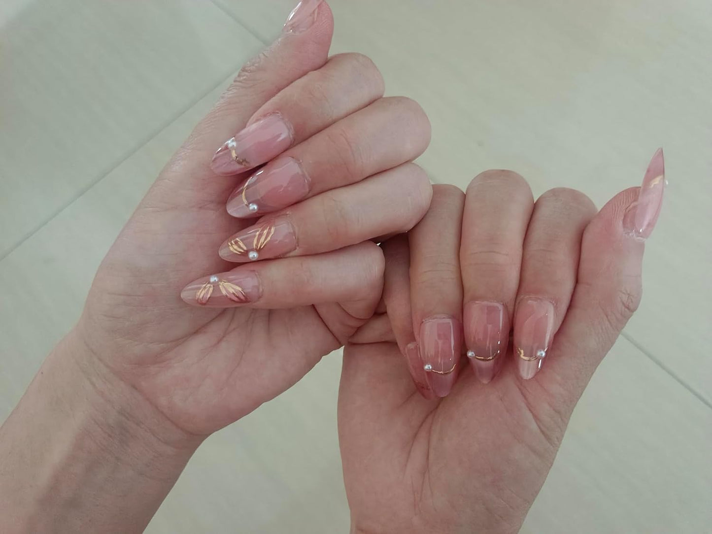Thrivingbyday Nude Pink Press-On Nails - Gold Butterfly & Pearl Accents | Medium Almond Shape for Bridal & Everyday Wear
