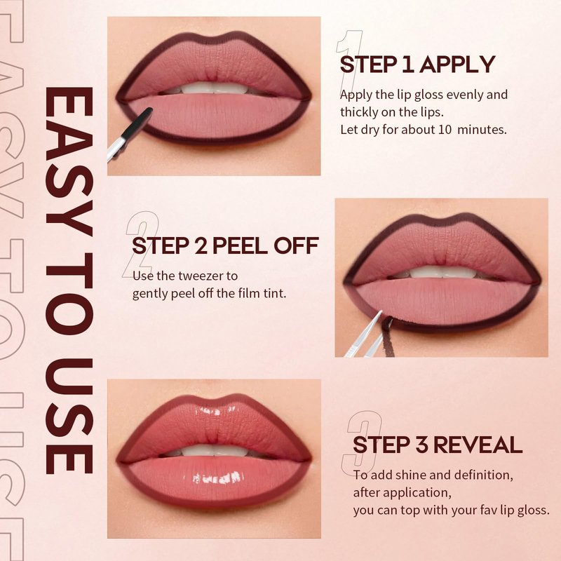 JUNECODE 3Pcs Lip Stain Peel Off Set, Peel Off lip Liner Stain Long Lasting Waterproof, Matte Lip Tattoo Tint Transfer Proof, Highly Pigmented Color Lip Makeup(#01+02+03)