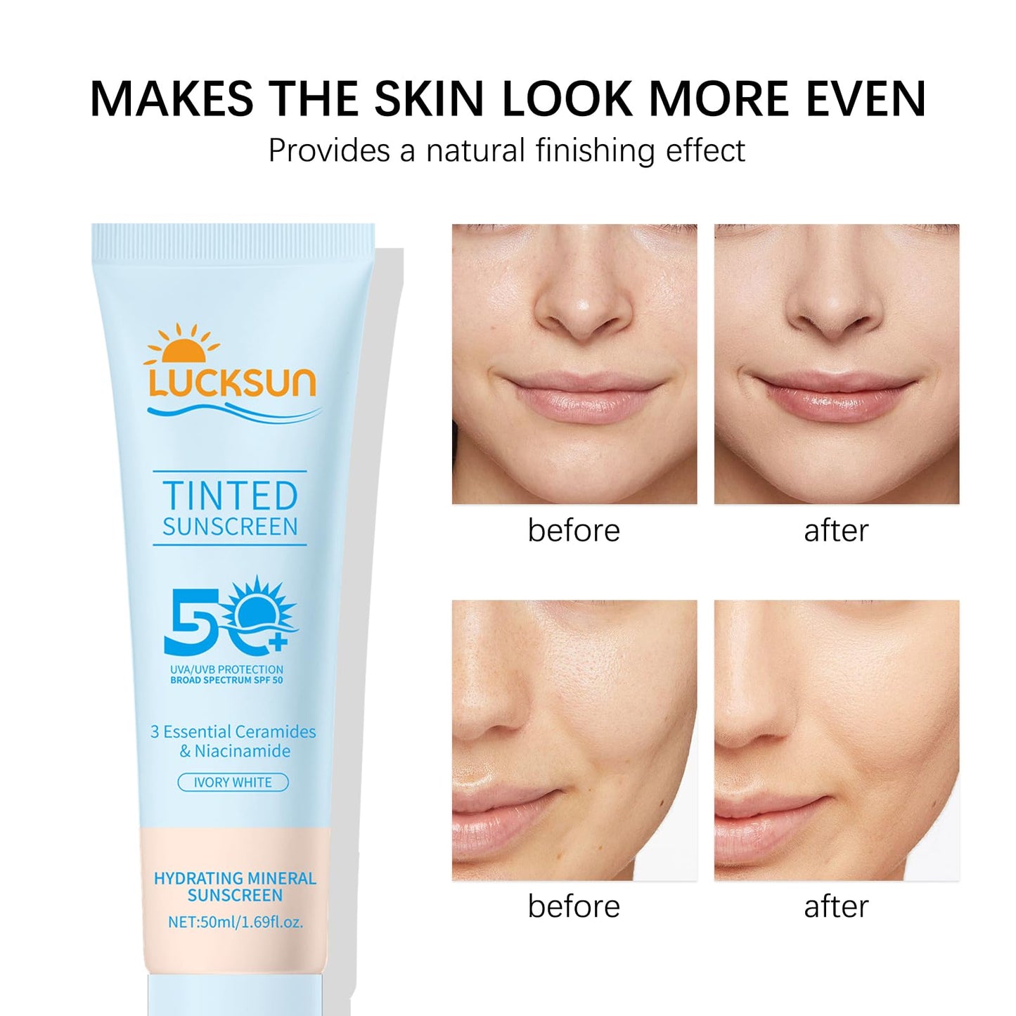 Tinted Mineral Sunscreen SPF 50-2-in-1 Makeup & Sunscreen for Natural Glow, Broad Spectrum Protection + Skincare Benefits All Skin Types (#001, 1.69 Fl Oz (Pack of 1))