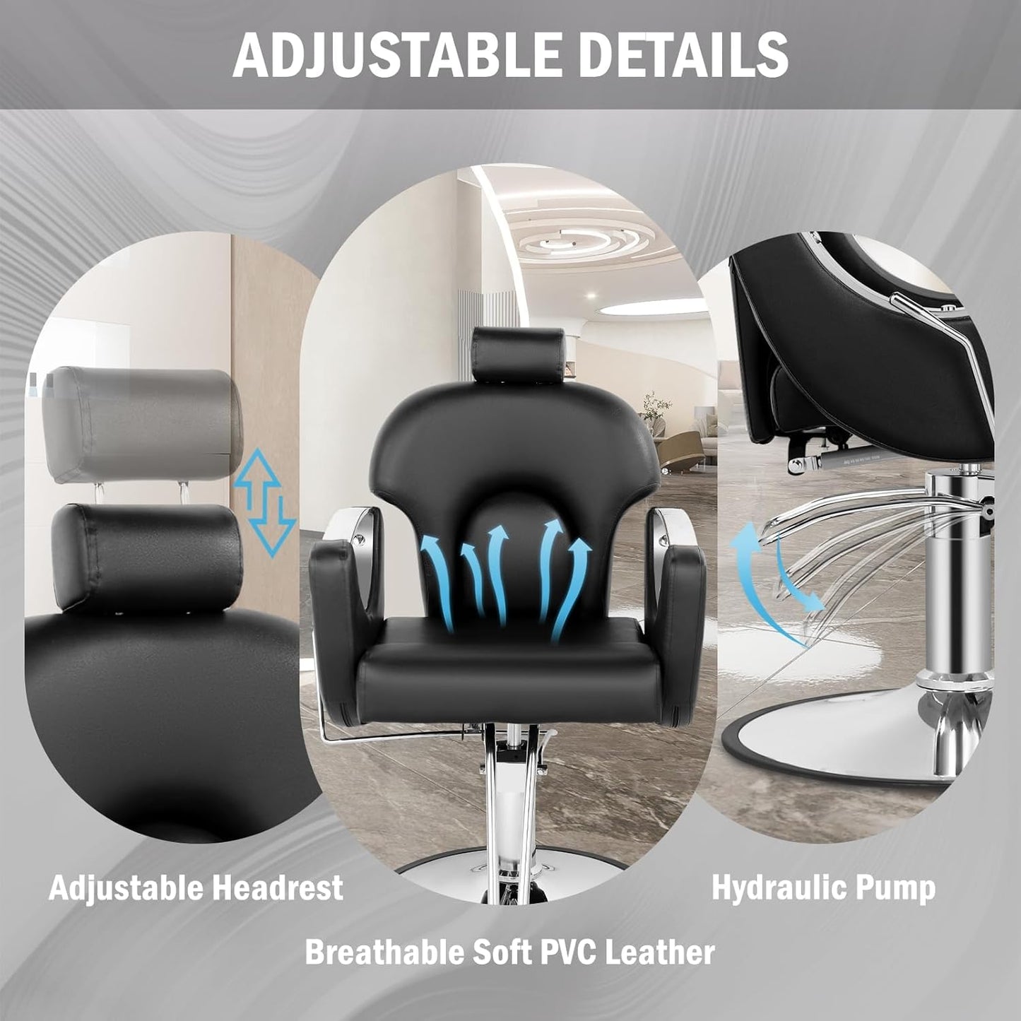 Skiennix Reclining Salon Chair - Heavy Duty Barber Chair with Adjustable Headrest | 360° Swivel, Black Silver, 440Lbs Capacity