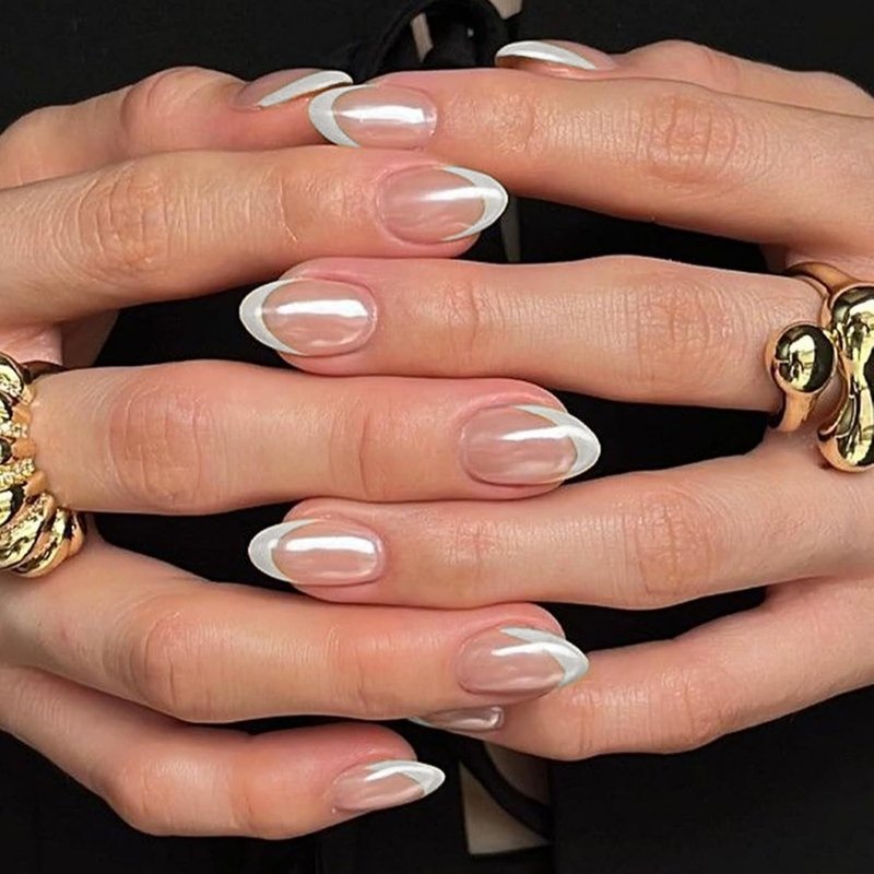 Glossy White French Tip Press-On Nails - Short Almond Shape | 32 Pcs Full Cover Chrome Stick-On for Women