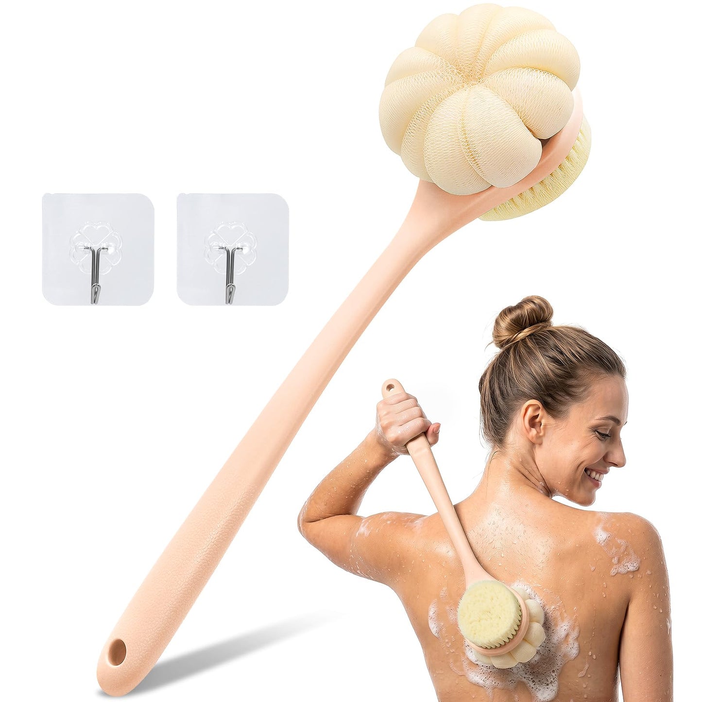 Back Scrubber for Shower with Long Handle, Double-Sided Shower Brush for Body, Loofah Back Scrubber & Bristle Bath Brush, Back Brush for Shower Exfoliating Hard-to-Reach Areas, Bath Brush Long Handle