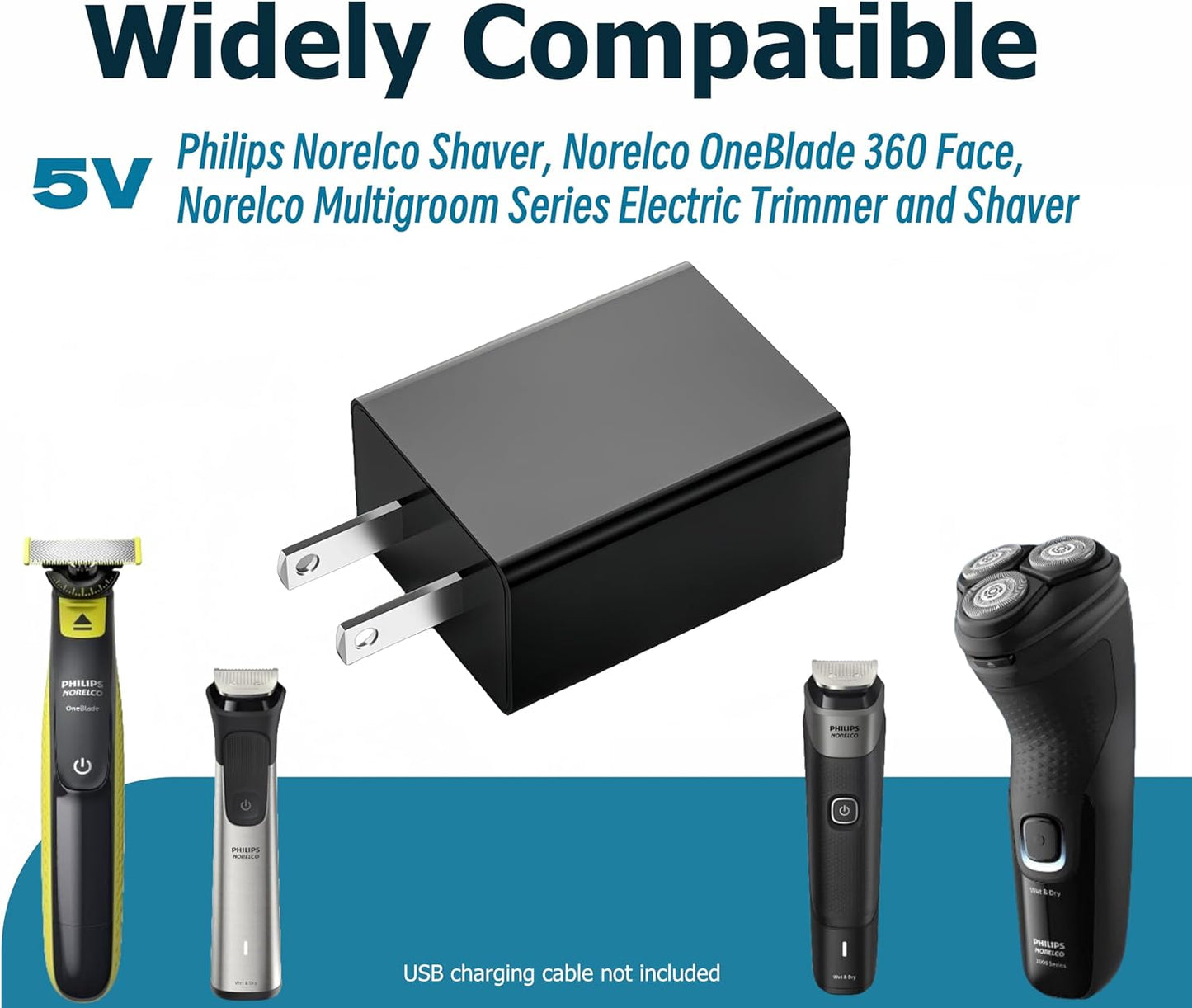 USB Charger Compatible with Philips Norelco Shavers 2400, 3600, 3900 & Multigroom Series 5000, 7000 - for OneBlade QP2724 Trimmer & Shaver - USB Wall Adapter 5V