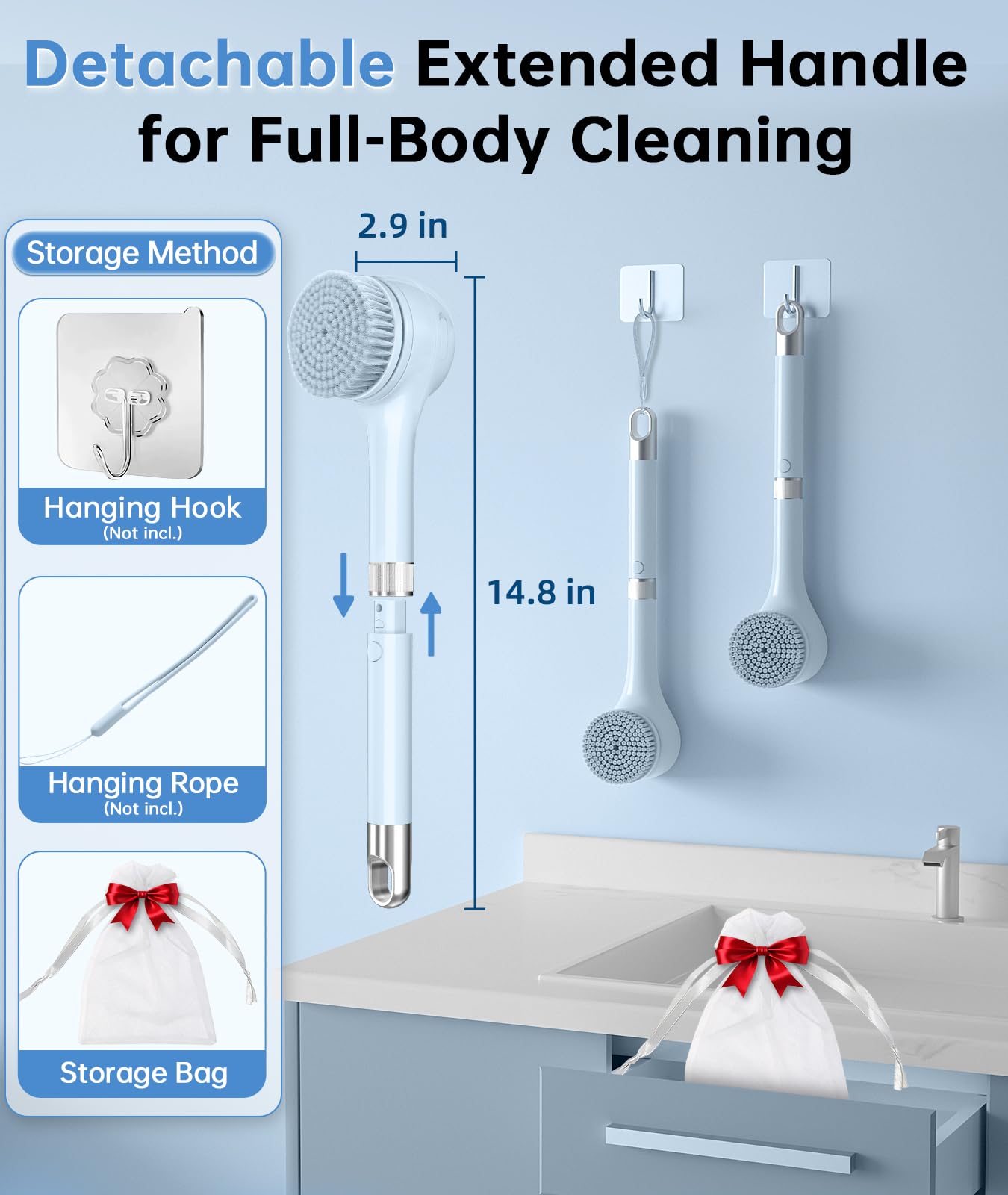 Electric Body Brush Back Scrubber for Shower, Waterproof Long Handle Power Auto Body Scrubber with 5 Heads, 3-Speed Rechargeable Bath Brush for Women, Men, Deep Cleansing, Exfoliating, Massage Skin