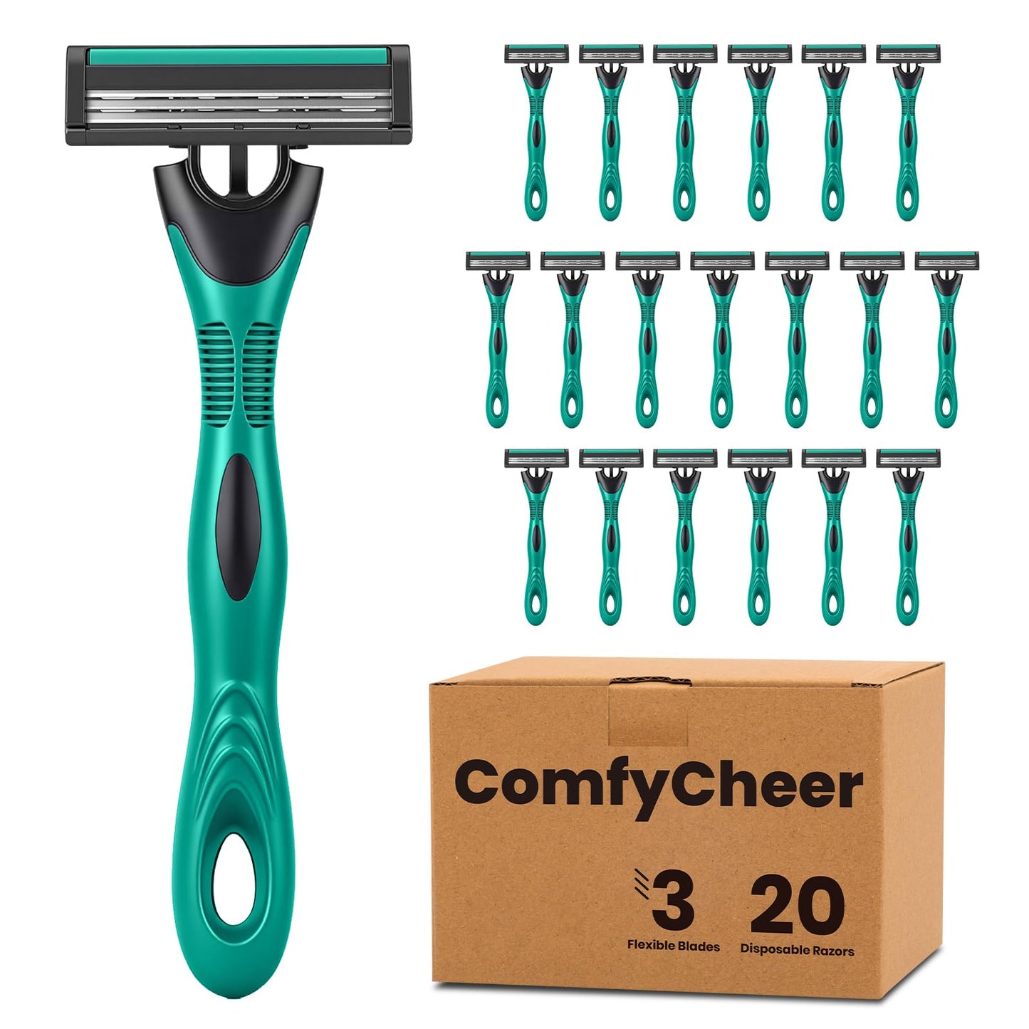 Comfycheer 20 count Disposable Razors Blades for Men，3-Blade Razors，Bulk Stainless Steel Shavers with Lubricating Strip for Shaving Sensitive Skin