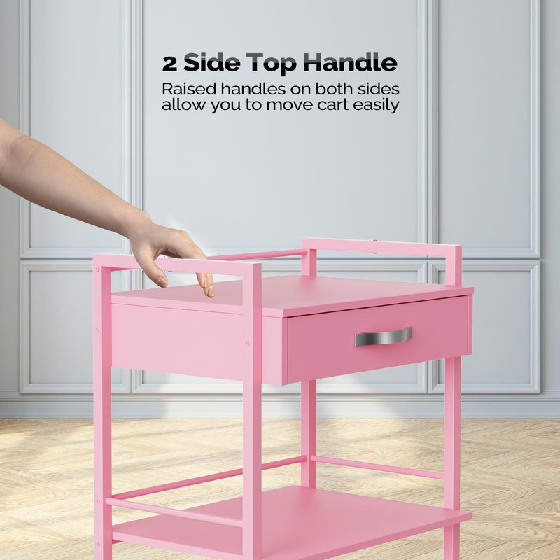 Salon Trolley Cart for Beauty SPA, Wooden Rolling Storage Station, Mobile Utility Cabinet with 1 Drawer 2 Trays, Medical Esthetic Supply Holder for Massage Tattoo Facials, Pink