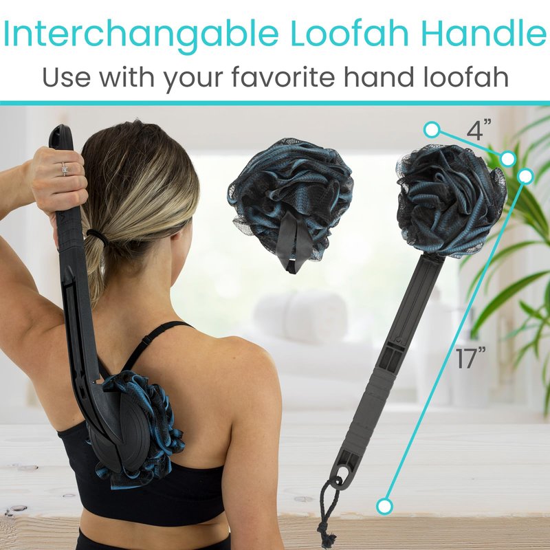 Vive Long Handled Loofah on a Stick - Mesh Back Sponge for Bath, Reusable w/Extra Pouf - Exfoliating Scrubber for Elderly & Disabled, Soft Loofa for Bathing Men & Women