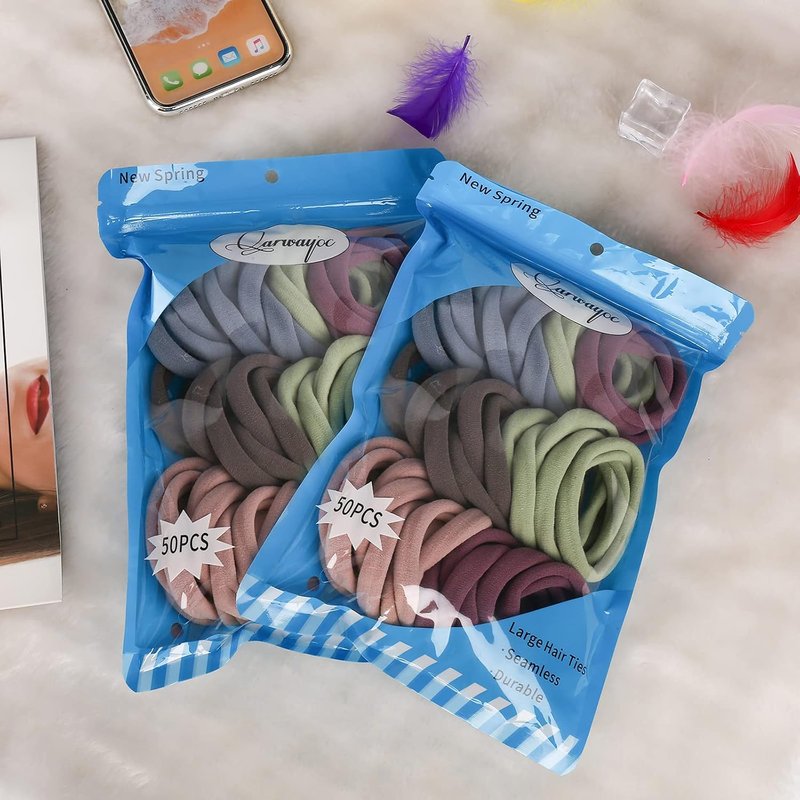 Large Hair Ties - Thick Cotton Seamless Ponytail Holders for Heavy Hair | 50PCS, 2 Inch, 5 Colors
