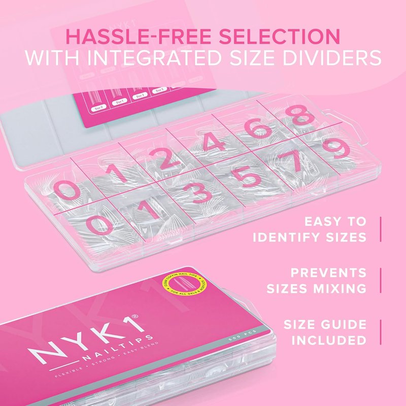 NYK1 Coffin Nail Tips - Crease-Proof & Shatter-Resistant | 500 PCS in 10 Sizes for Easy Gel & Acrylic Extensions