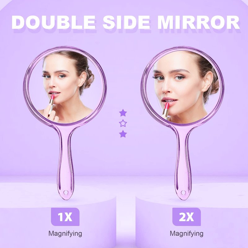 D Hand Mirror with Handle, Handheld Mirror Small Magnifying Mirror 1X 2X Doule Sided Handle Makeup Mirror, Acrylic Handheld Mirror Rounded Shape Purple