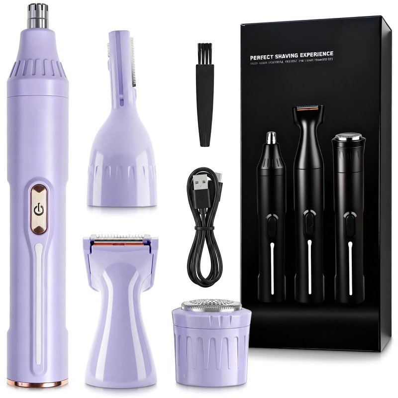 Rechargeable Nose Hair Trimmer - 4-in-1 Ear Eyebrow Beard Grooming Kit for Men & Women, Waterproof Quiet Motor, Fast Charging | 11000 RPM | Portable Travel Size Nose Trimmer Beard Trimmer (Purple)