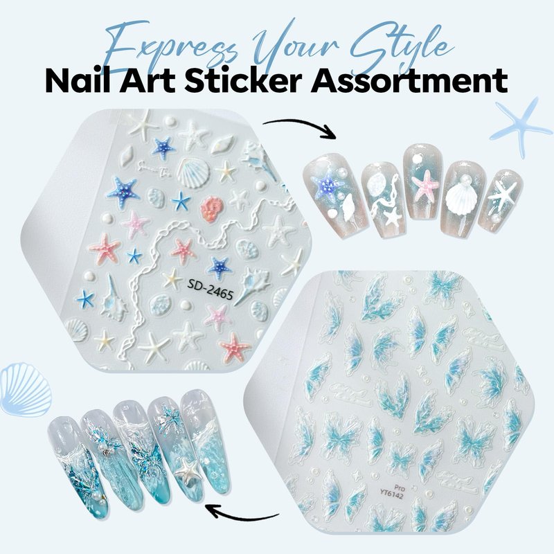 Modelones Nail Stickers - 3D Embossed Ocean Blue Mermaid Shells & Pearls for Stunning Nail Art | DIY Supplies for Women & Kids