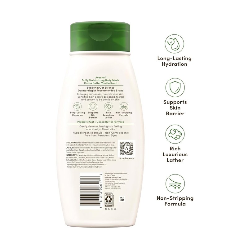 Aveeno Daily Moisturizing Body Wash - Cocoa Butter Vanilla Scent | Long-Lasting Hydration for Sensitive Skin, 18 fl. oz