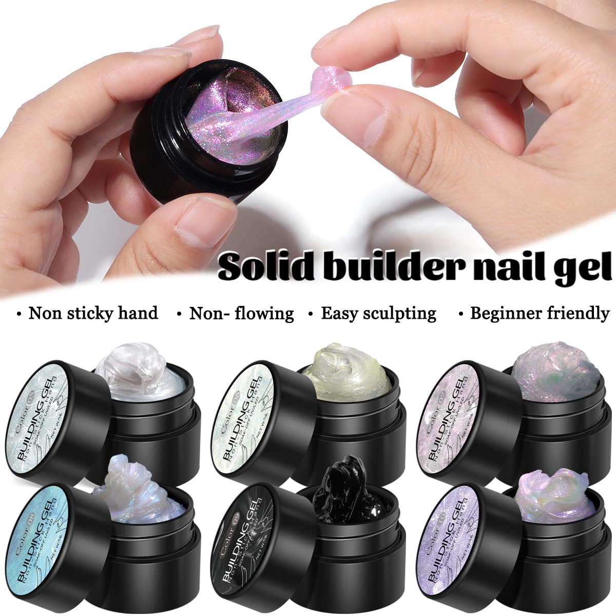 Solid Builder Gel Kit - 6 Non-Sticky Colors for 3D Nail Art | Aurora Blue, Pink, Pearl, White