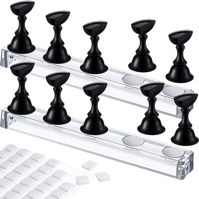 Blulu Nail Stand Set - Acrylic Magnetic Press Nail Holder for Painting | 2 Stands & 96 Reusable Adhesive Putty (Black)