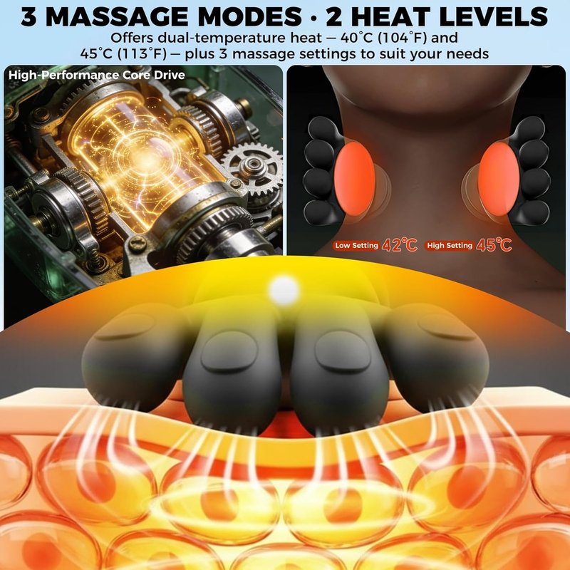 4D Bionic Heated Neck Massager - Real Palm Massage Simulation, 3 Intensity Levels | Relax Muscle Tension