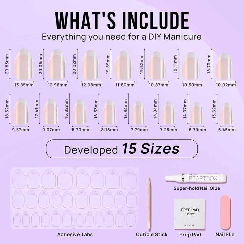 BTArtbox French Tip Press On Nails - Medium White Almond Reusable Stick On Nails | 30 Soft Gel Nail Kit in 15 Sizes for Women