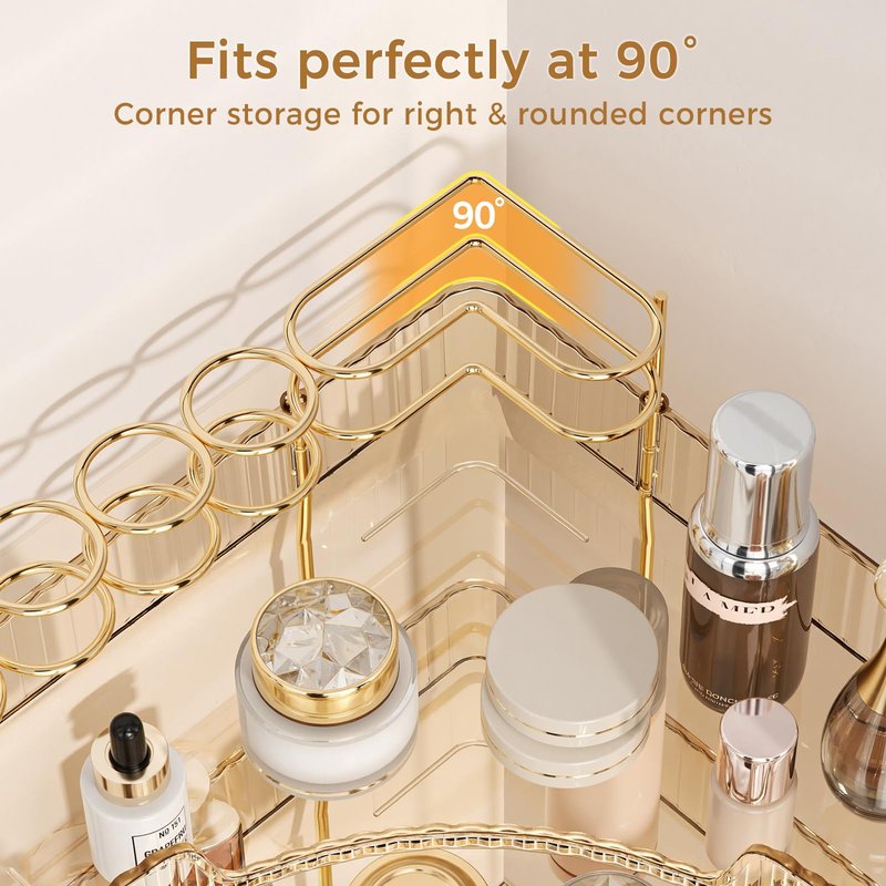 BEFSOP Corner Bathroom Counter Organizer, Upgraded 3-Tier Makeup Organizer Countertop with Makeup Brush Holder, Skincare Exquisite Vanity Organizers Countertop Bathroom Storage Dresser(GOLD)